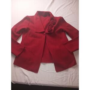 For Cynthia 100% Wool Red Cardigan Coat Sweater Festive Holiday Floral Small